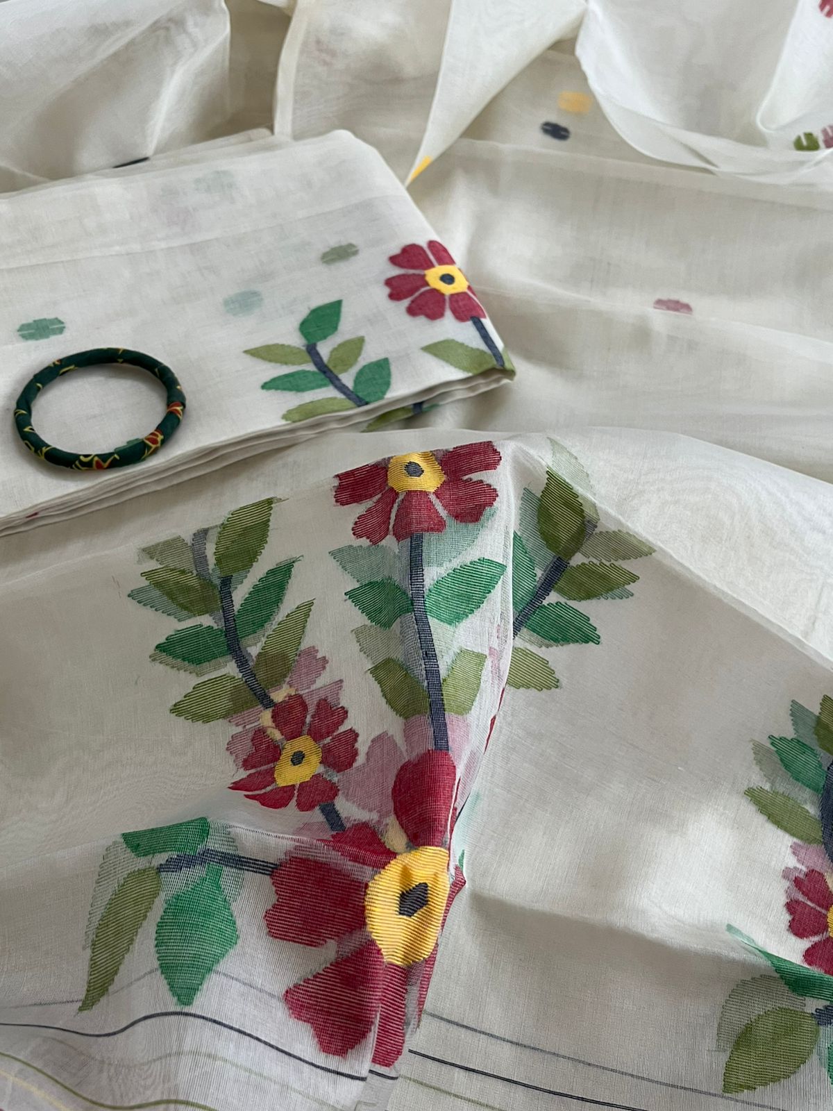 Handwoven Pure Silk Jamdani Kurta Dupatta Sets- White