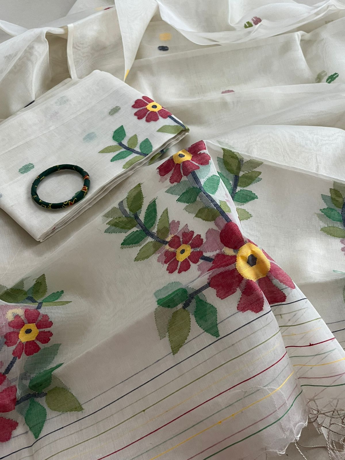 Handwoven Pure Silk Jamdani Kurta Dupatta Sets- White