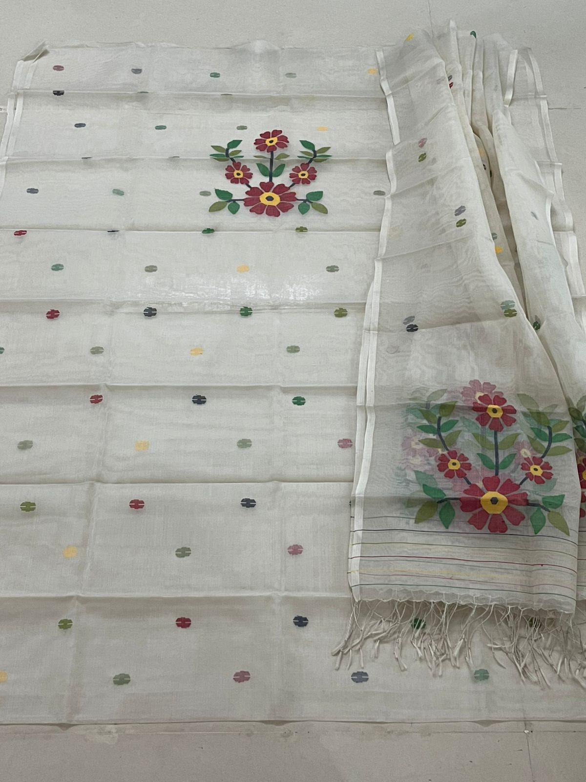 Handwoven Pure Silk Jamdani Kurta Dupatta Sets- White