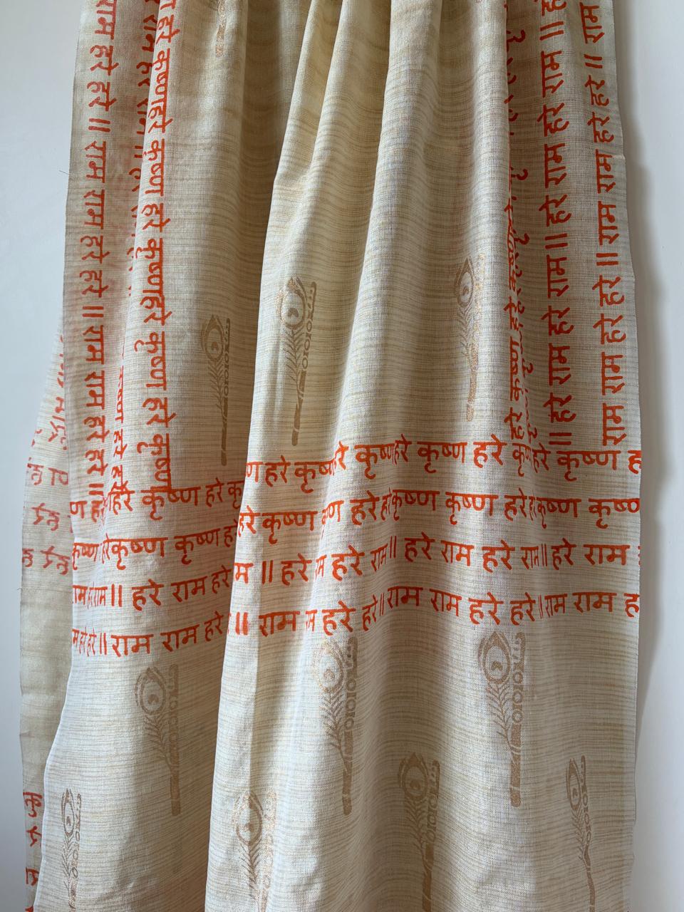 Hare Krishna Hare Rama Handblock Printed Dupatta Beige with Orange