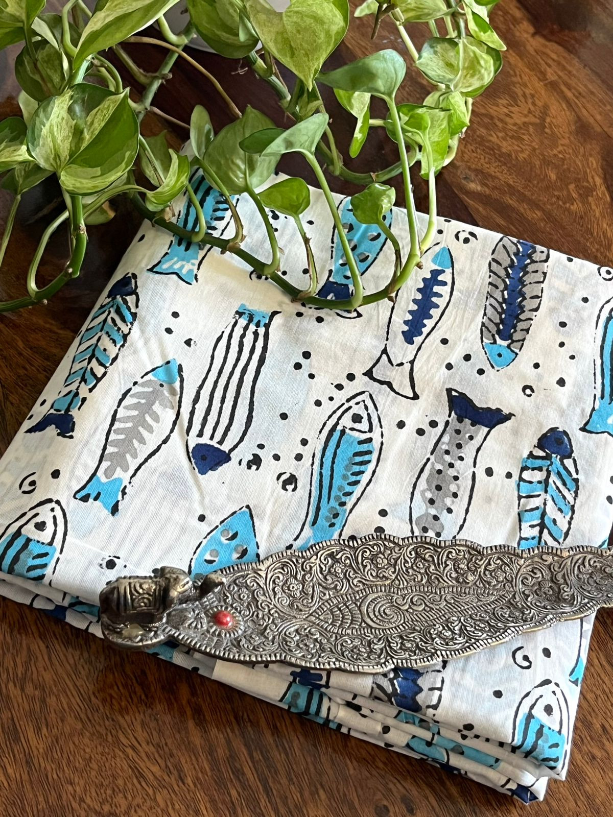 Pure Cotton Printed Kurta Fabric - 25mts - White with Fish Print