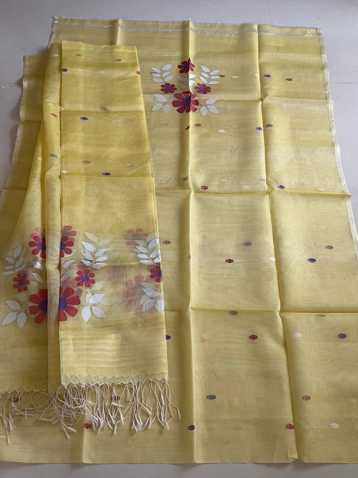 Handwoven Pure Silk Jamdani Kurta Dupatta Sets- Yellow