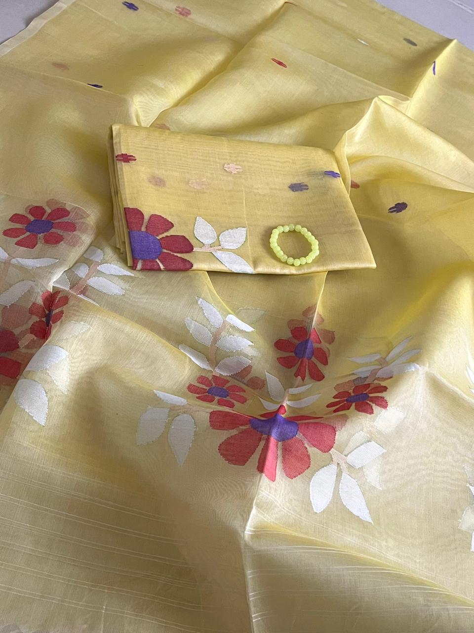 Handwoven Pure Silk Jamdani Kurta Dupatta Sets- Yellow