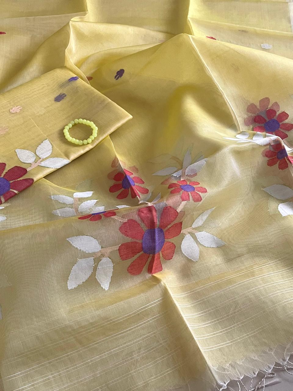 Handwoven Pure Silk Jamdani Kurta Dupatta Sets- Yellow