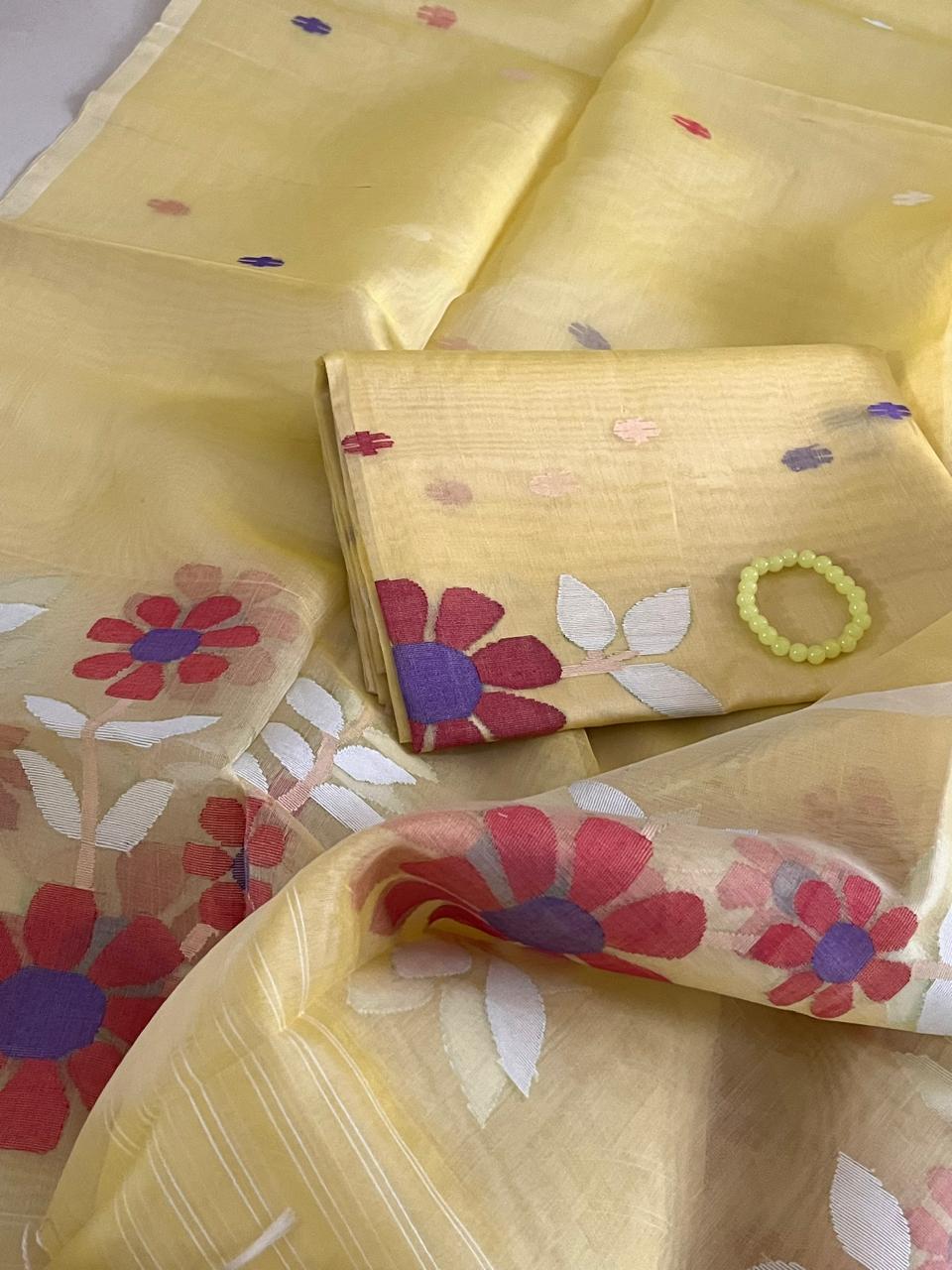Handwoven Pure Silk Jamdani Kurta Dupatta Sets- Yellow