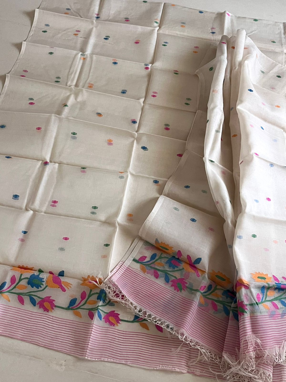 Handwoven Pure Silk Jamdani Kurta Dupatta Sets- White