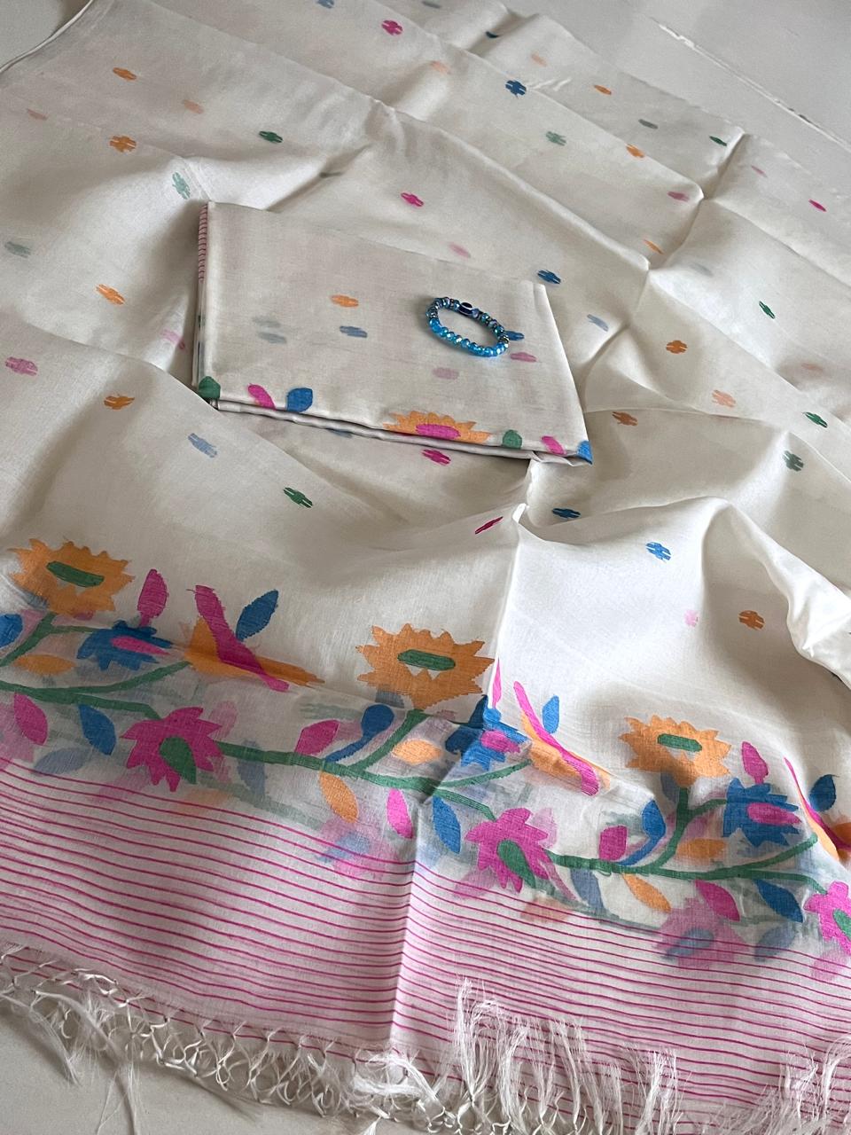 Handwoven Pure Silk Jamdani Kurta Dupatta Sets- White