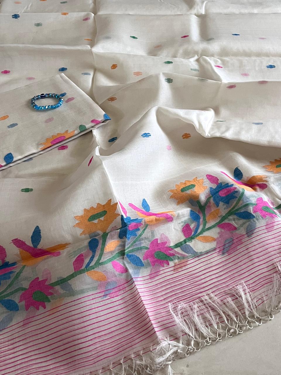 Handwoven Pure Silk Jamdani Kurta Dupatta Sets- White