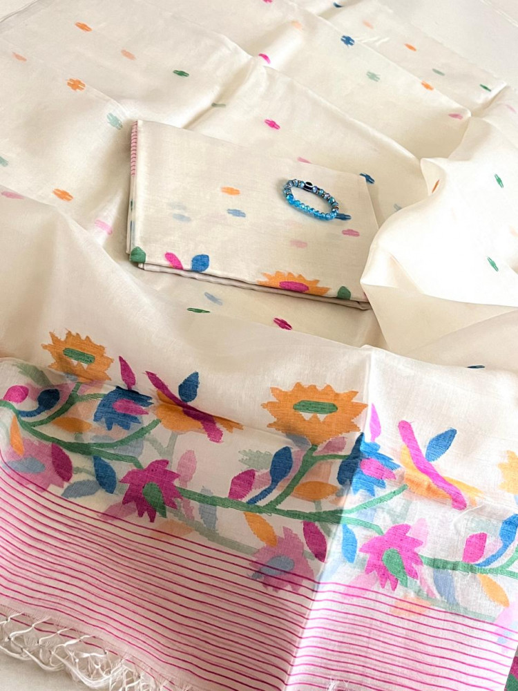 Image of Handwoven Pure Silk Jamdani Kurta Dupatta Sets- White