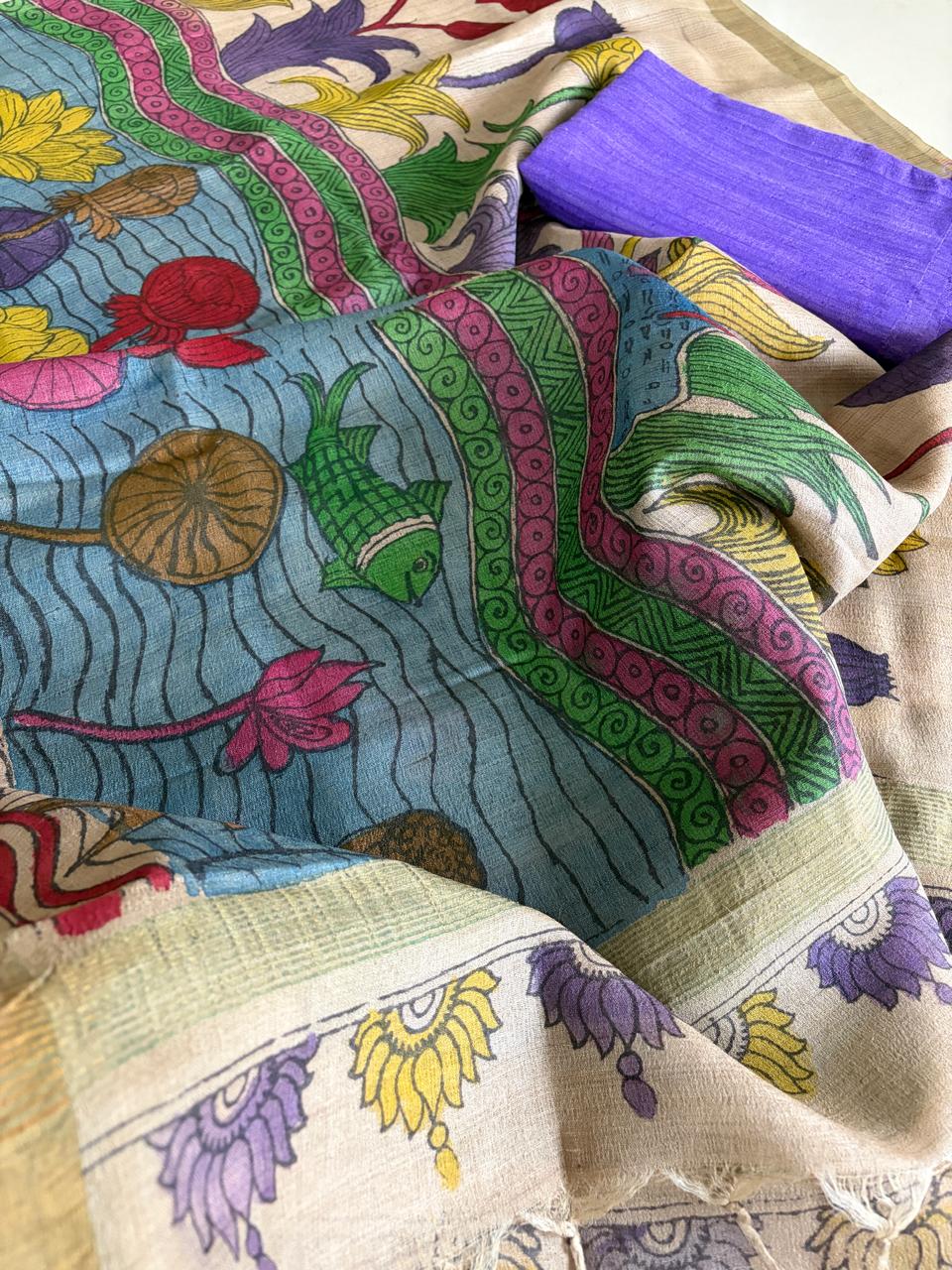 Exclusive Pure Tussar Silk Hand Kalamkari Dupattas with Pure Raw Silk Kurtas