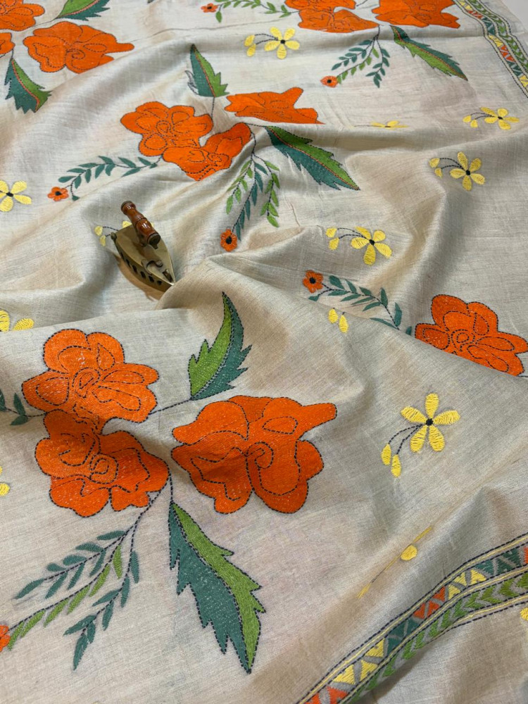 Image of Pure Tussar Silk Handwoven Dupatta with intricate Hand Kantha Embroidery - Beige Multicolour