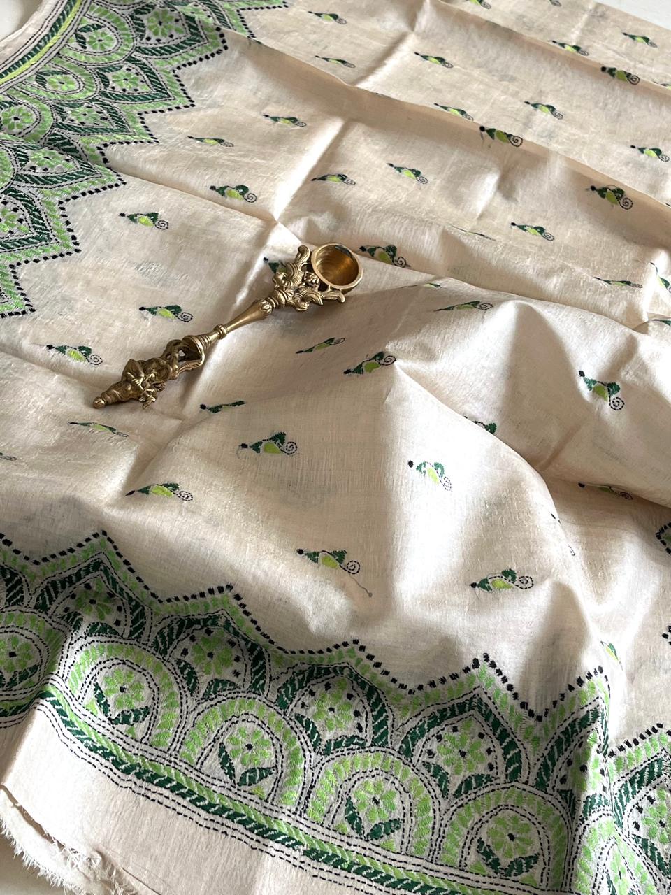 Pure Tussar Silk Handwoven Dupatta with intricate Hand Kantha Embroidery - Beige with Multicolour