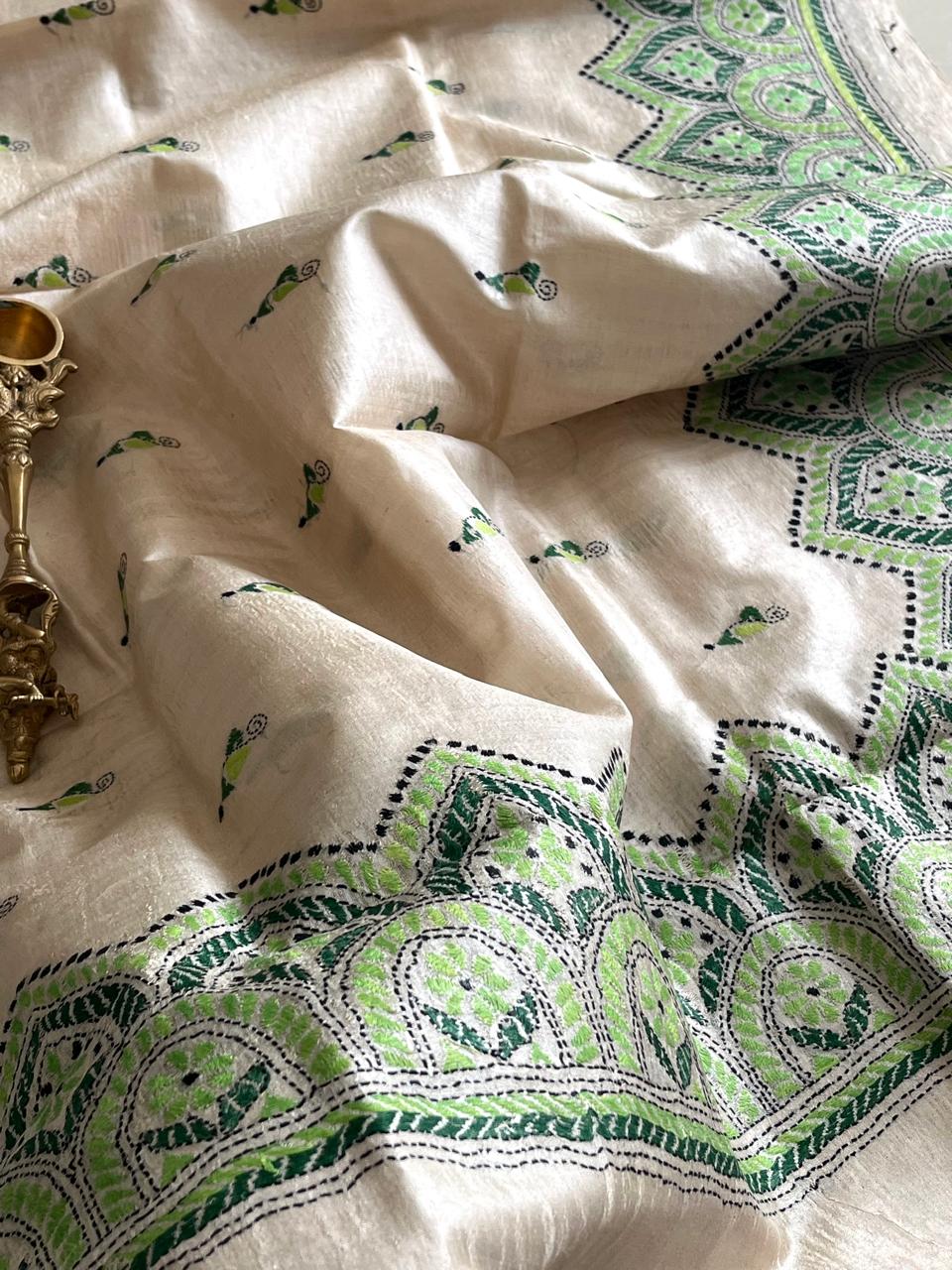 Pure Tussar Silk Handwoven Dupatta with intricate Hand Kantha Embroidery - Beige with Multicolour