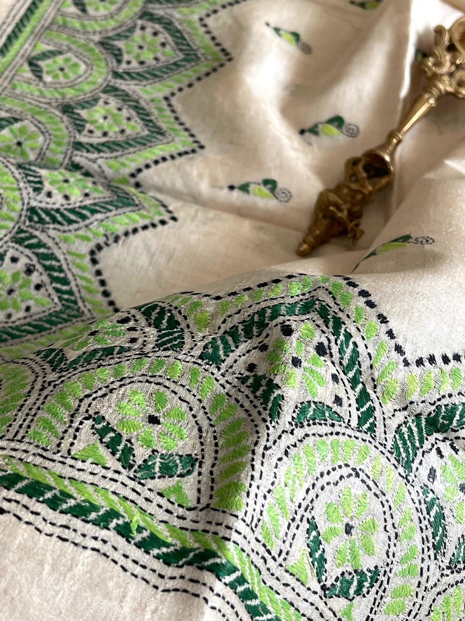Pure Tussar Silk Handwoven Dupatta with intricate Hand Kantha Embroidery - Beige with Multicolour