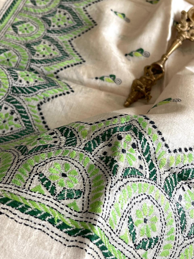 Image of Pure Tussar Silk Handwoven Dupatta with intricate Hand Kantha Embroidery - Beige with Multicolour