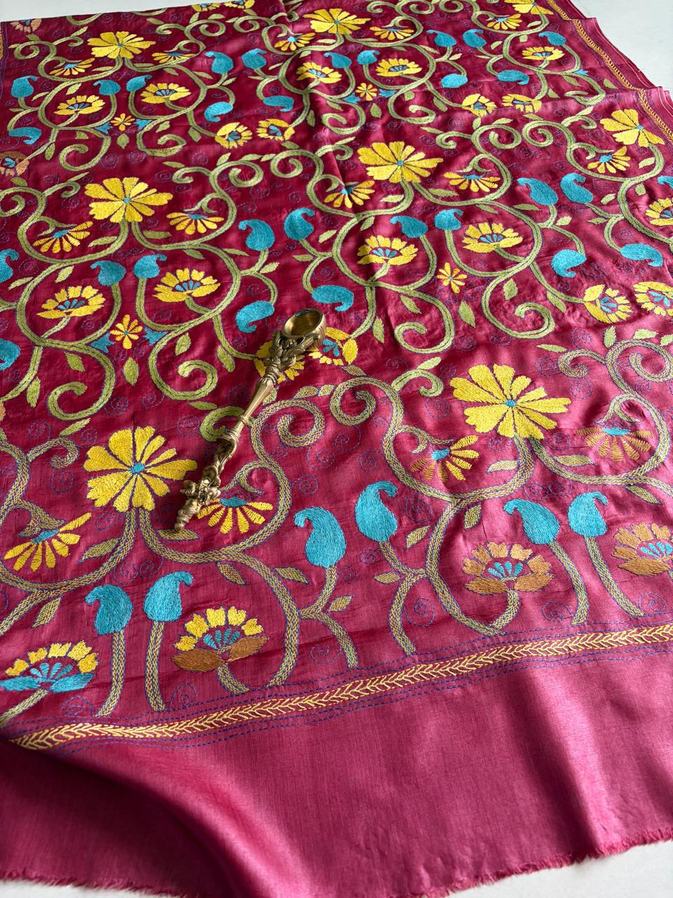 Pure Tussar Silk Handwoven Dupatta with intricate Hand Kantha Embroidery - Maroon with Multicolor