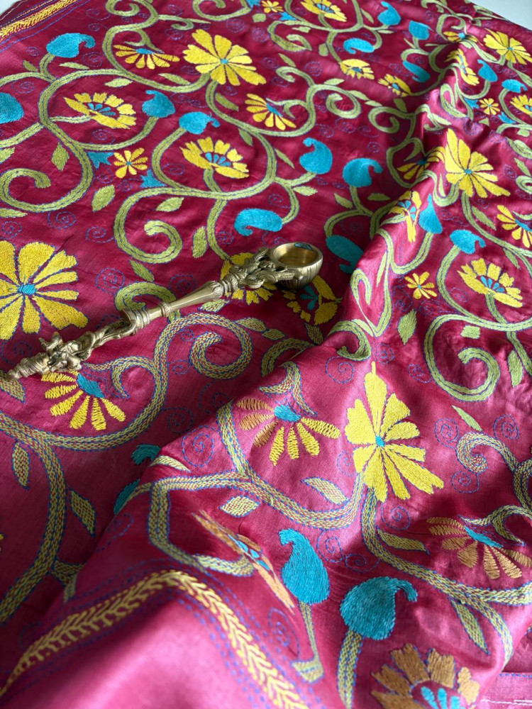 Image of Pure Tussar Silk Handwoven Dupatta with intricate Hand Kantha Embroidery - Maroon with Multicolor