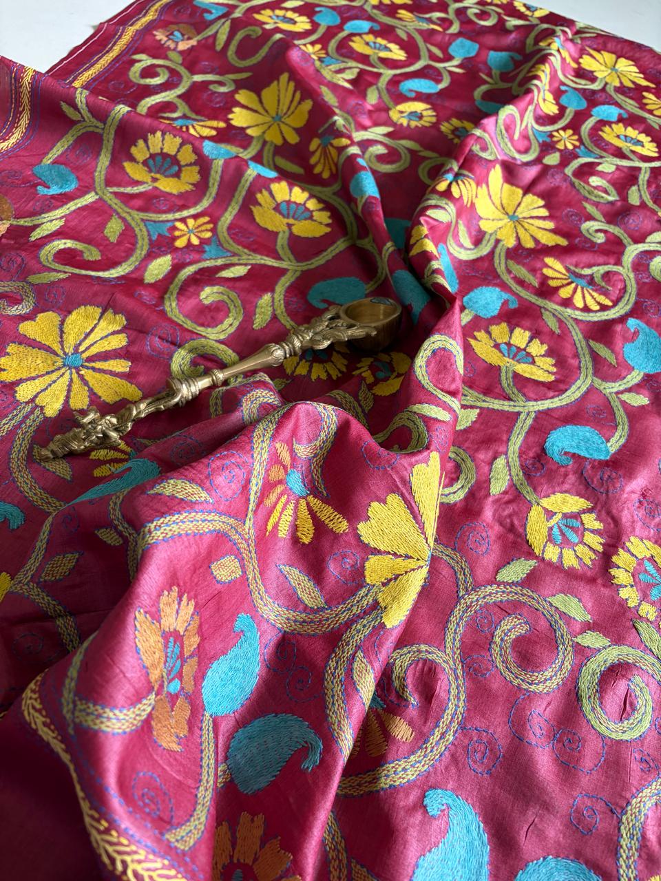 Pure Tussar Silk Handwoven Dupatta with intricate Hand Kantha Embroidery - Maroon with Multicolor