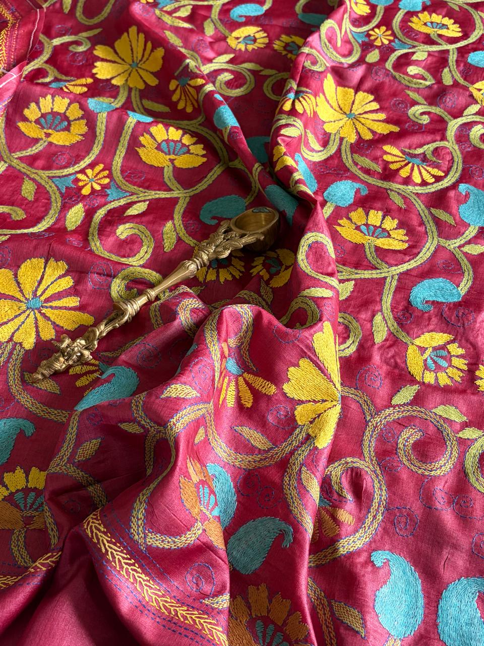 Pure Tussar Silk Handwoven Dupatta with intricate Hand Kantha Embroidery - Maroon with Multicolor