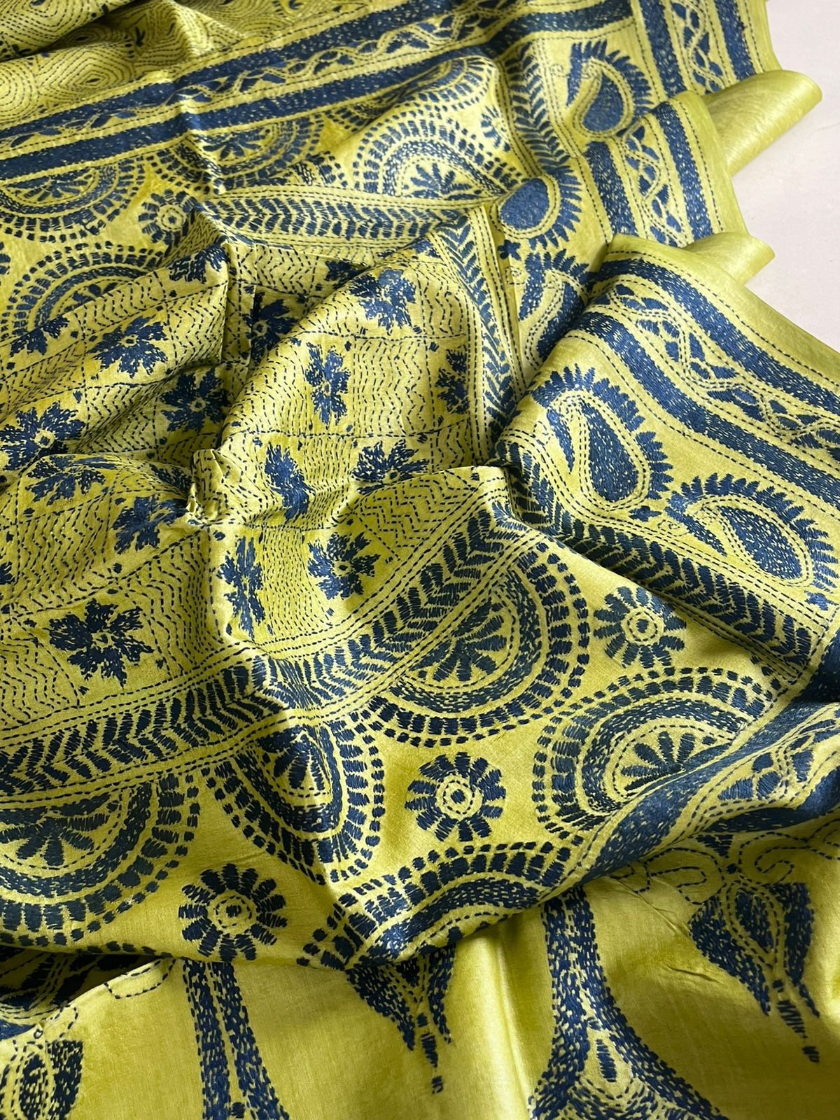 Pure Tussar Silk Hand Embroidered Kantha Silk Saree - Lemon with Blue