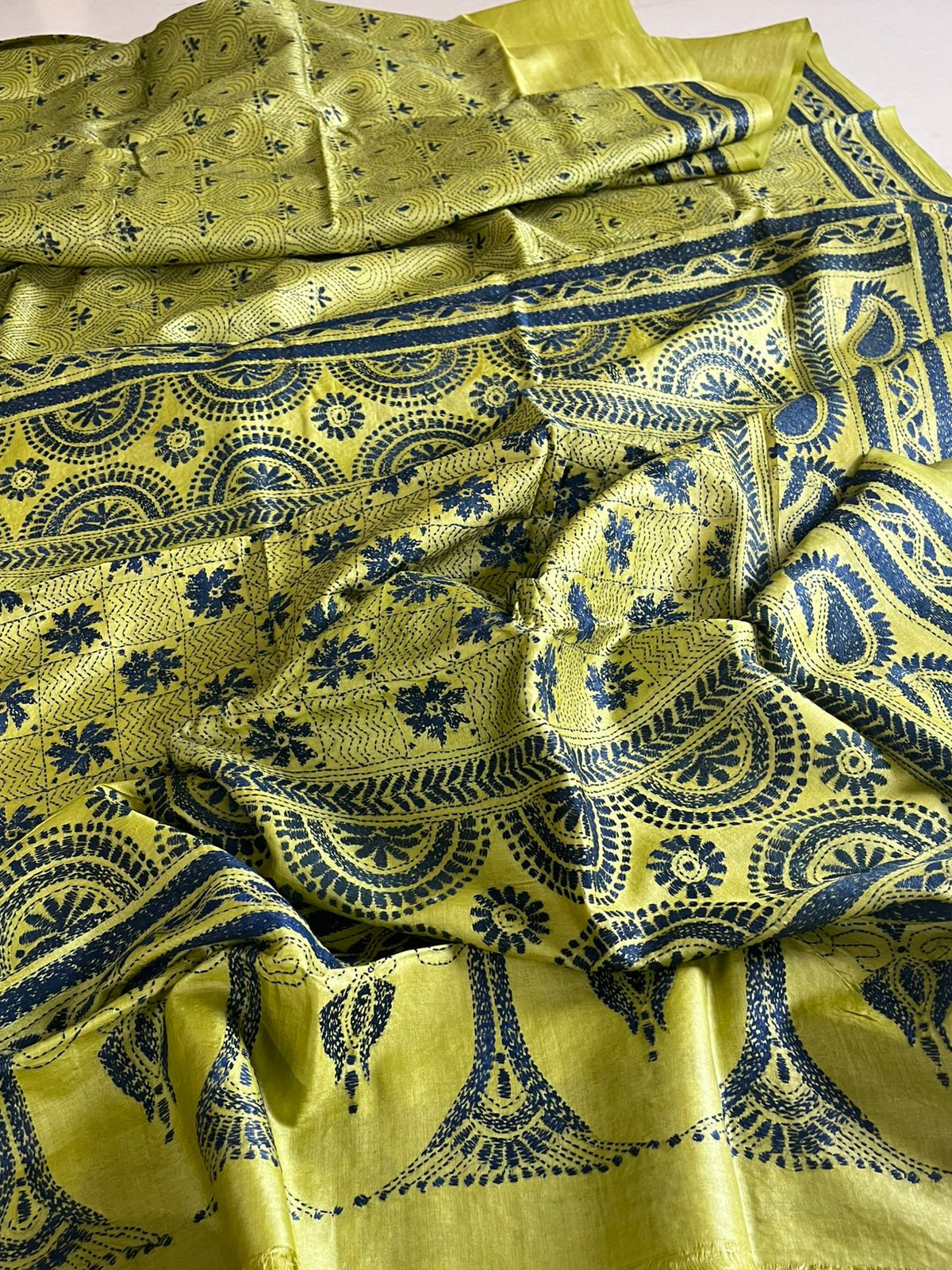 Pure Tussar Silk Hand Embroidered Kantha Silk Saree - Lemon with Blue