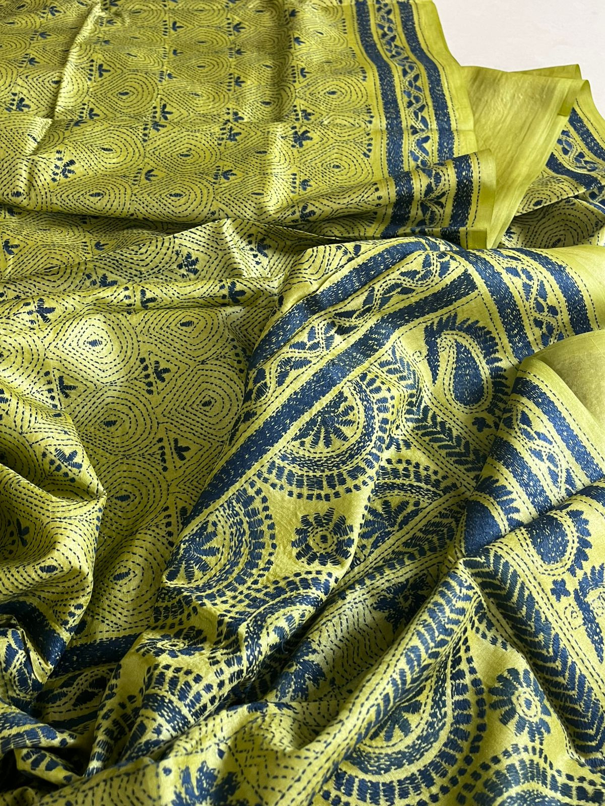 Pure Tussar Silk Hand Embroidered Kantha Silk Saree - Lemon with Blue