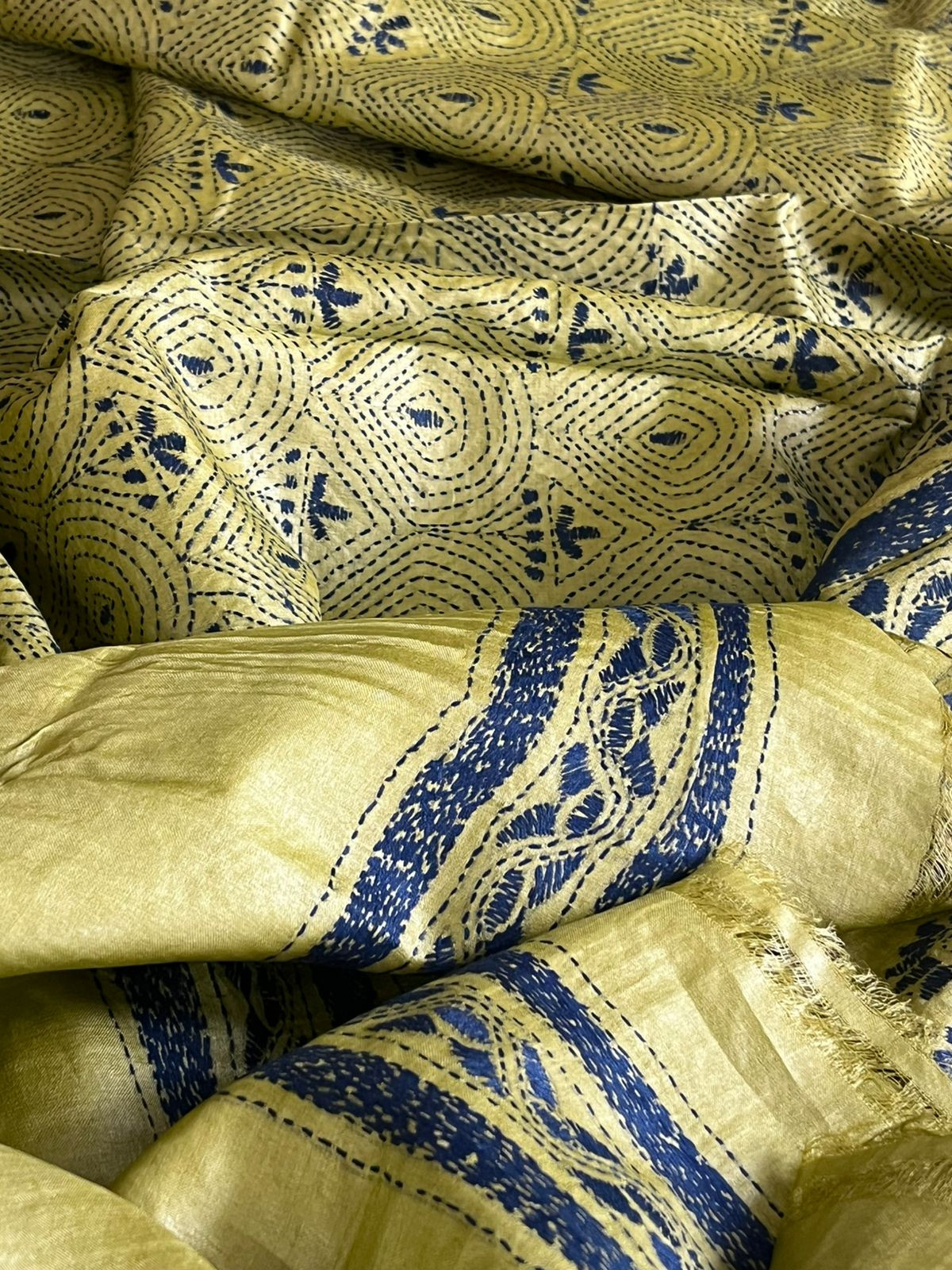 Pure Tussar Silk Hand Embroidered Kantha Silk Saree - Lemon with Blue