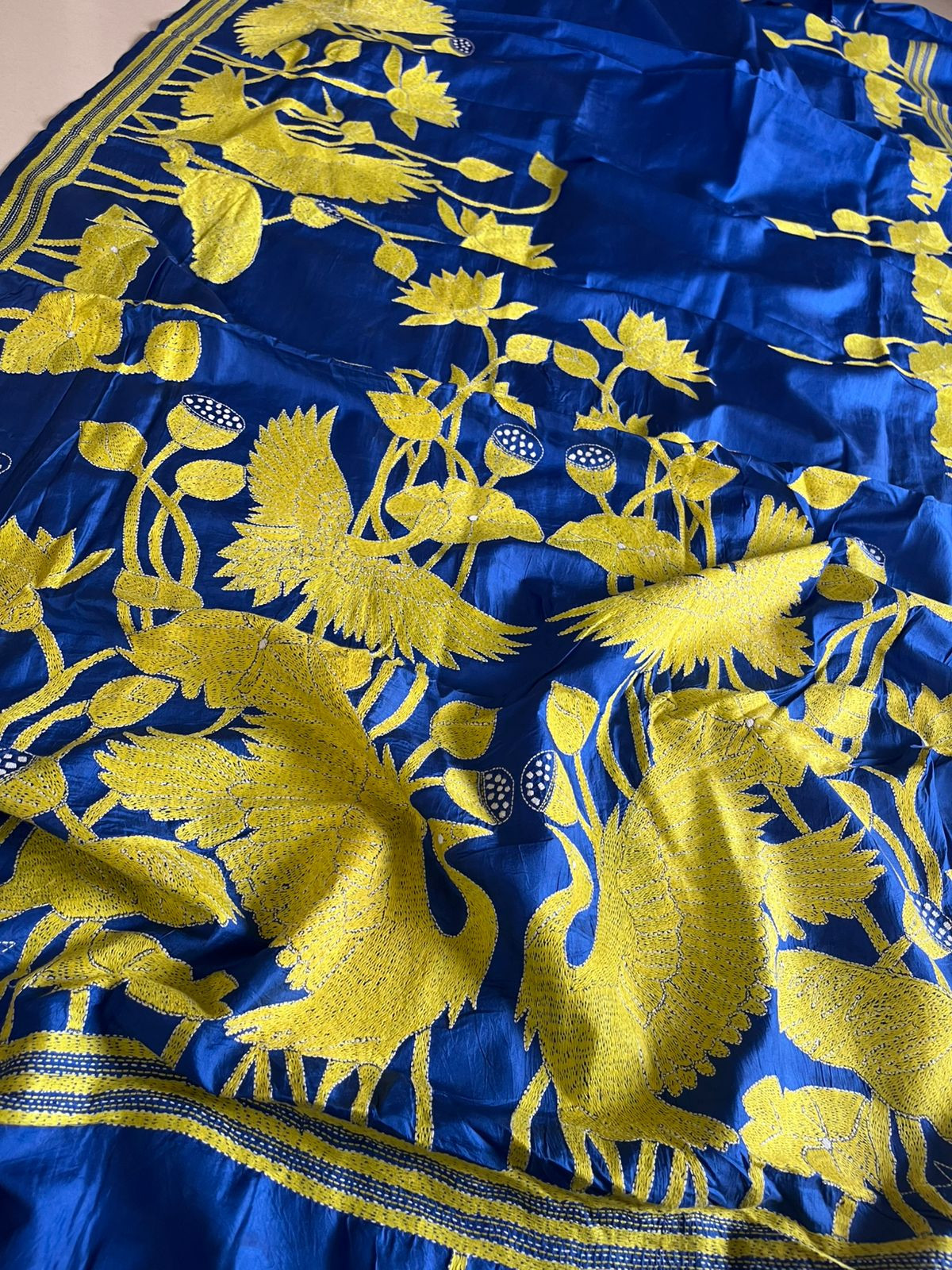 Pure Bangalore Silk Hand Embroidered Kantha Saree - Electric Blue