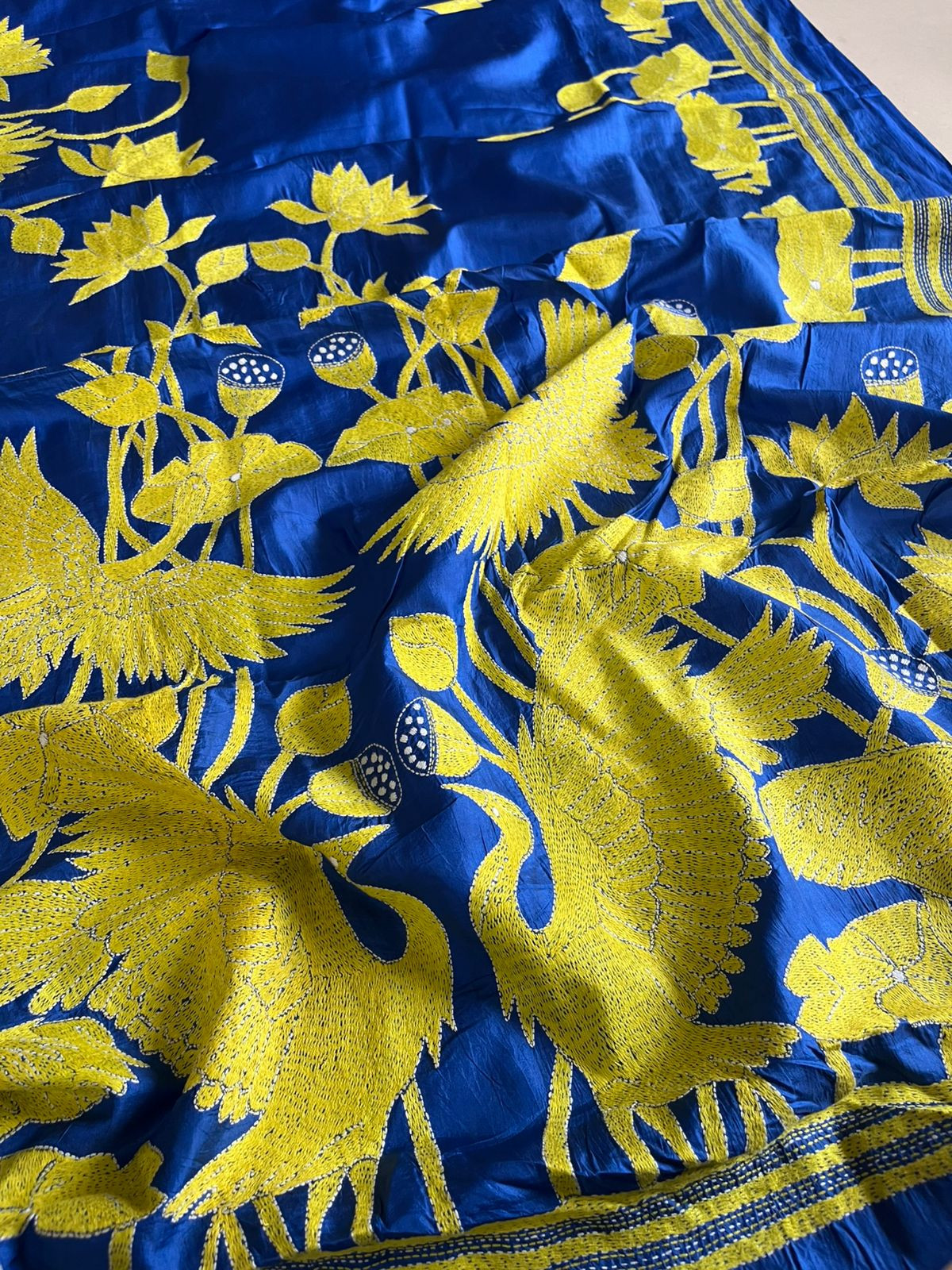 Pure Bangalore Silk Hand Embroidered Kantha Saree - Electric Blue