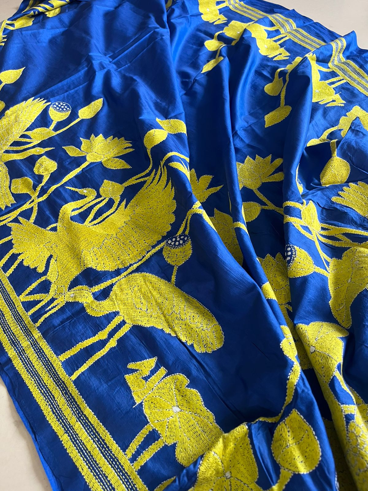 Pure Bangalore Silk Hand Embroidered Kantha Saree - Electric Blue