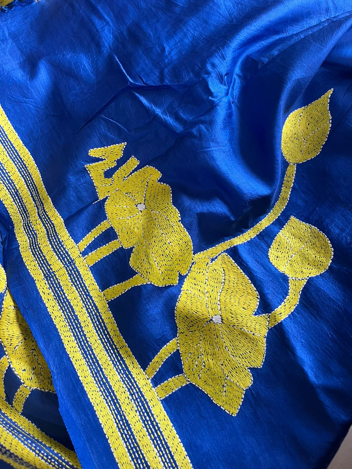 Pure Bangalore Silk Hand Embroidered Kantha Saree - Electric Blue