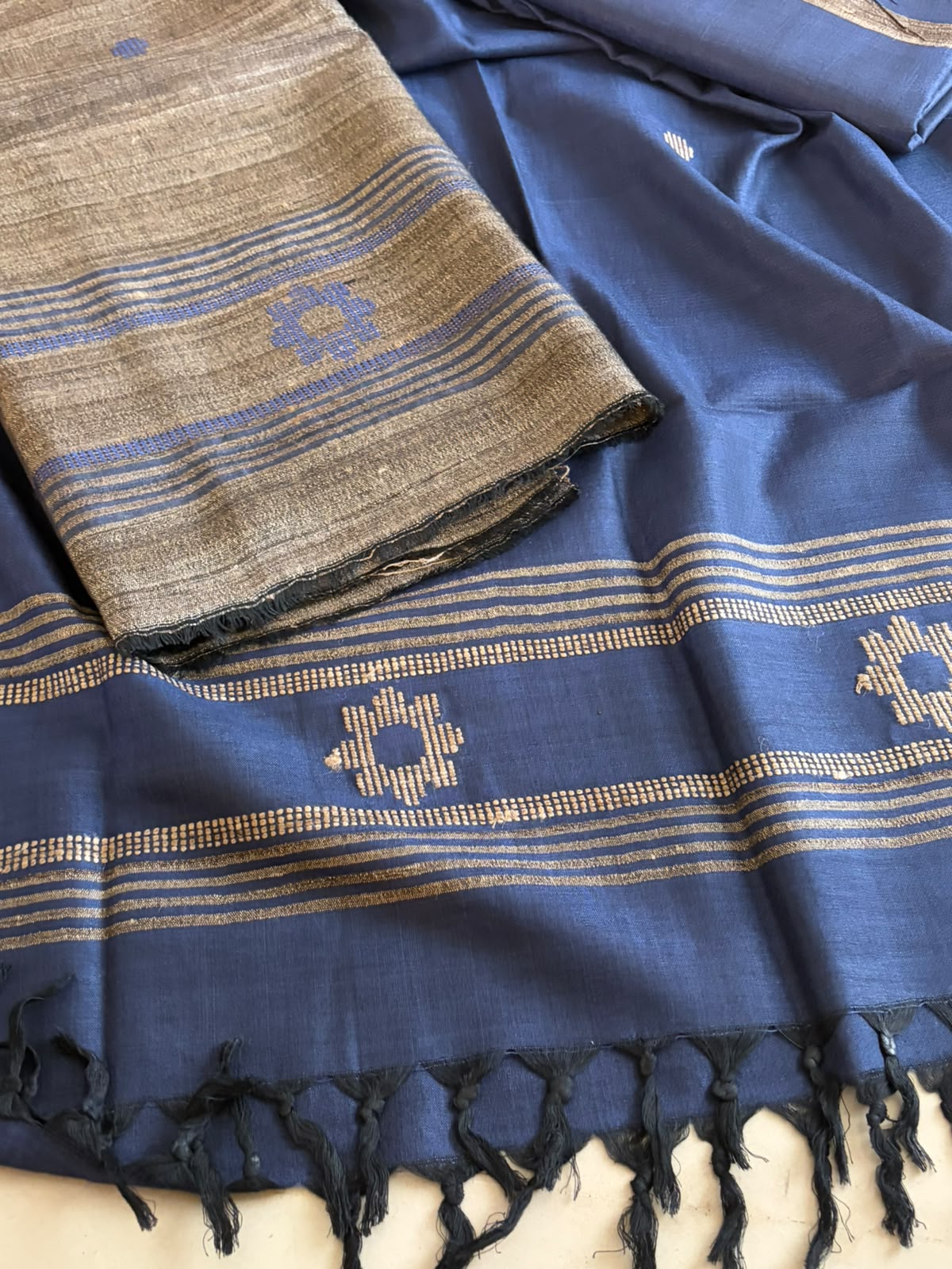 Pure Katiya Silk Handloom Suit Natural with Blue