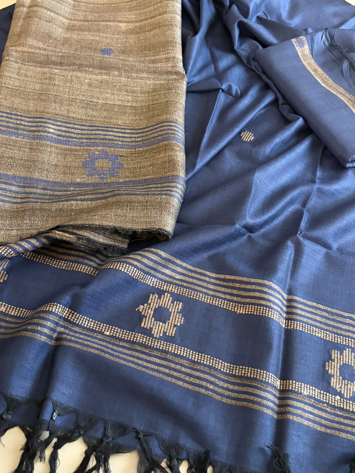 Pure Katiya Silk Handloom Suit Natural with Blue