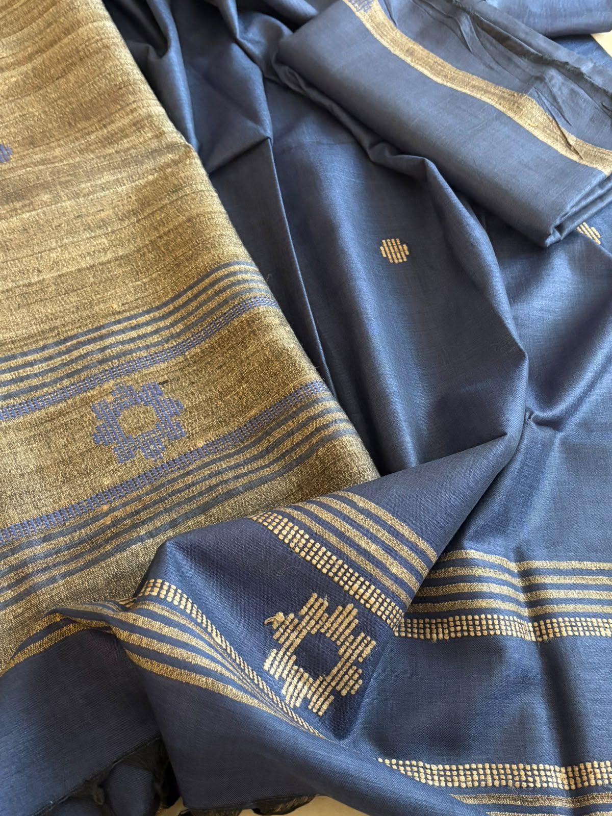 Pure Katiya Silk Handloom Suit Natural with Blue