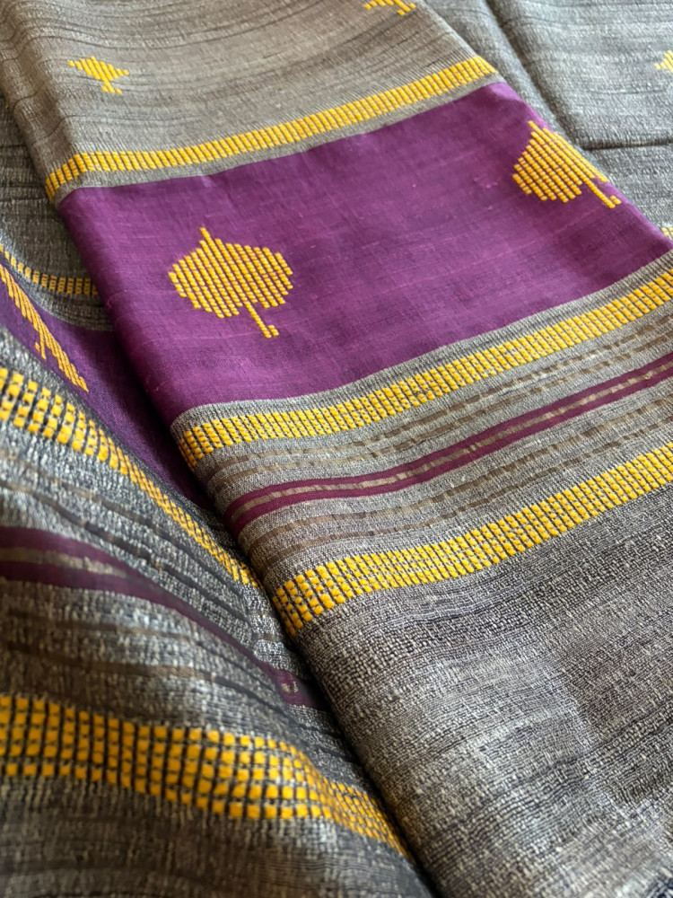 Image of Pure Katiya Silk Handloom Suit – Pink &amp; Purple with Yellow Thread Border