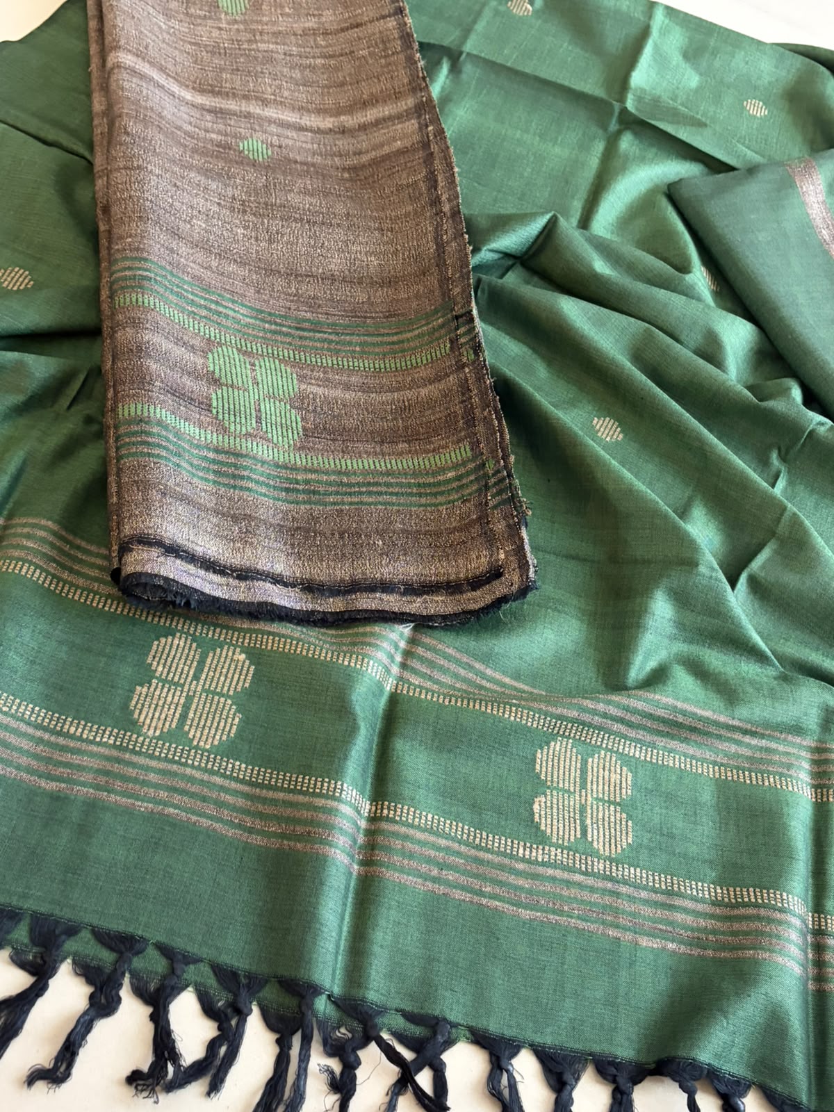Pure Katiya Silk Handloom Suit Natural Beige with Sea Green