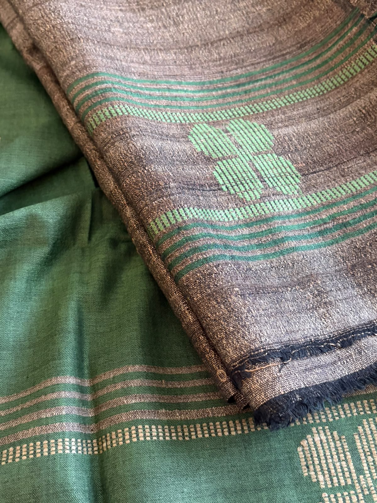 Pure Katiya Silk Handloom Suit Natural Beige with Sea Green