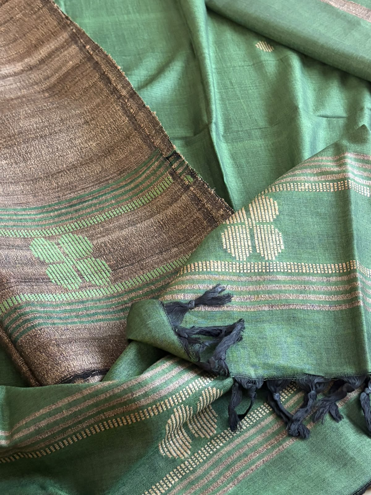 Pure Katiya Silk Handloom Suit Natural Beige with Sea Green