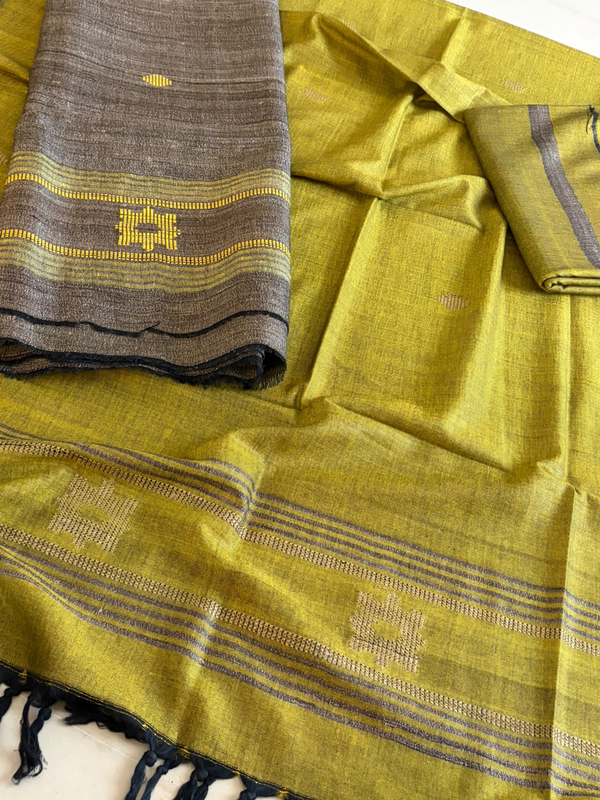 Pure Katiya Silk Handloom Suit Natural with Lime