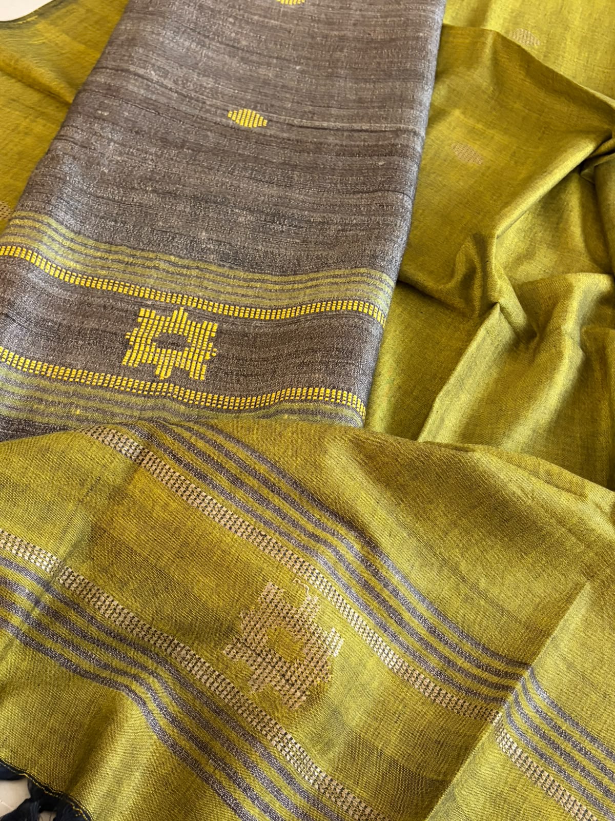 Pure Katiya Silk Handloom Suit Natural with Lime