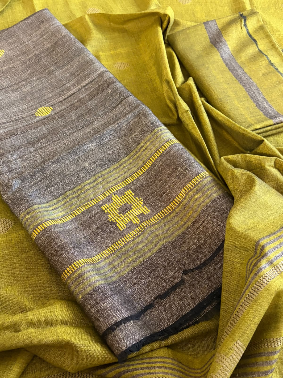 Pure Katiya Silk Handloom Suit Natural with Lime