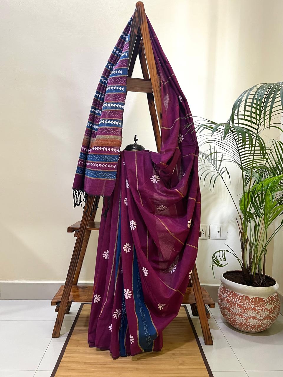 Pure Khesh Cotton Saree With Kantha Hand Embroidery - Purple