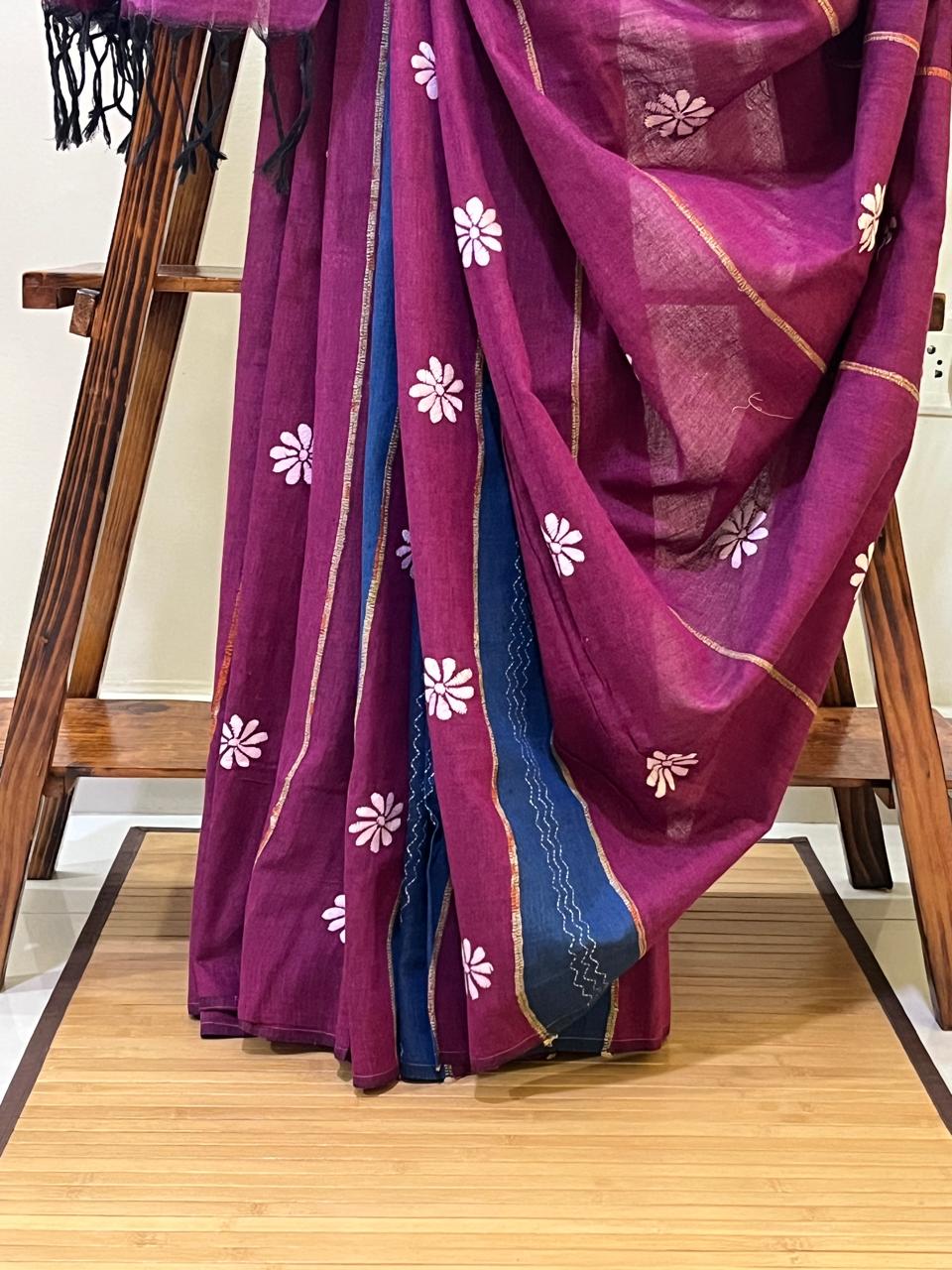 Pure Khesh Cotton Saree With Kantha Hand Embroidery - Purple