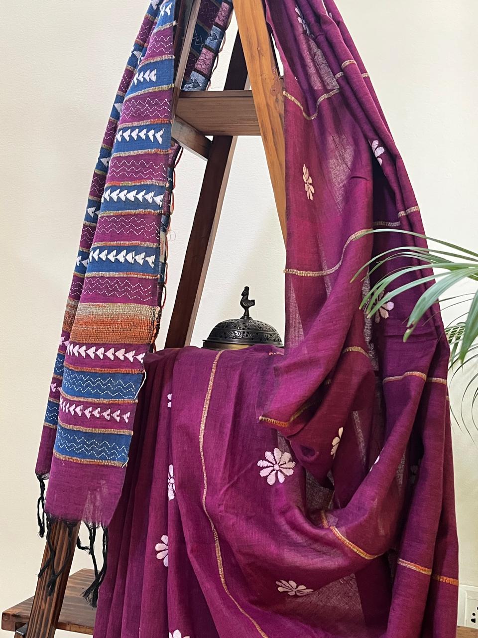 Pure Khesh Cotton Saree With Kantha Hand Embroidery - Purple