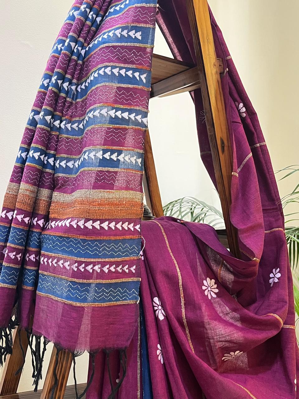 Pure Khesh Cotton Saree With Kantha Hand Embroidery - Purple