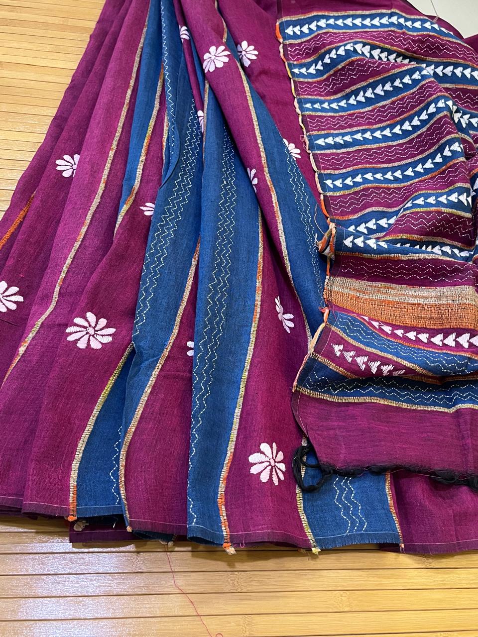 Pure Khesh Cotton Saree With Kantha Hand Embroidery - Purple