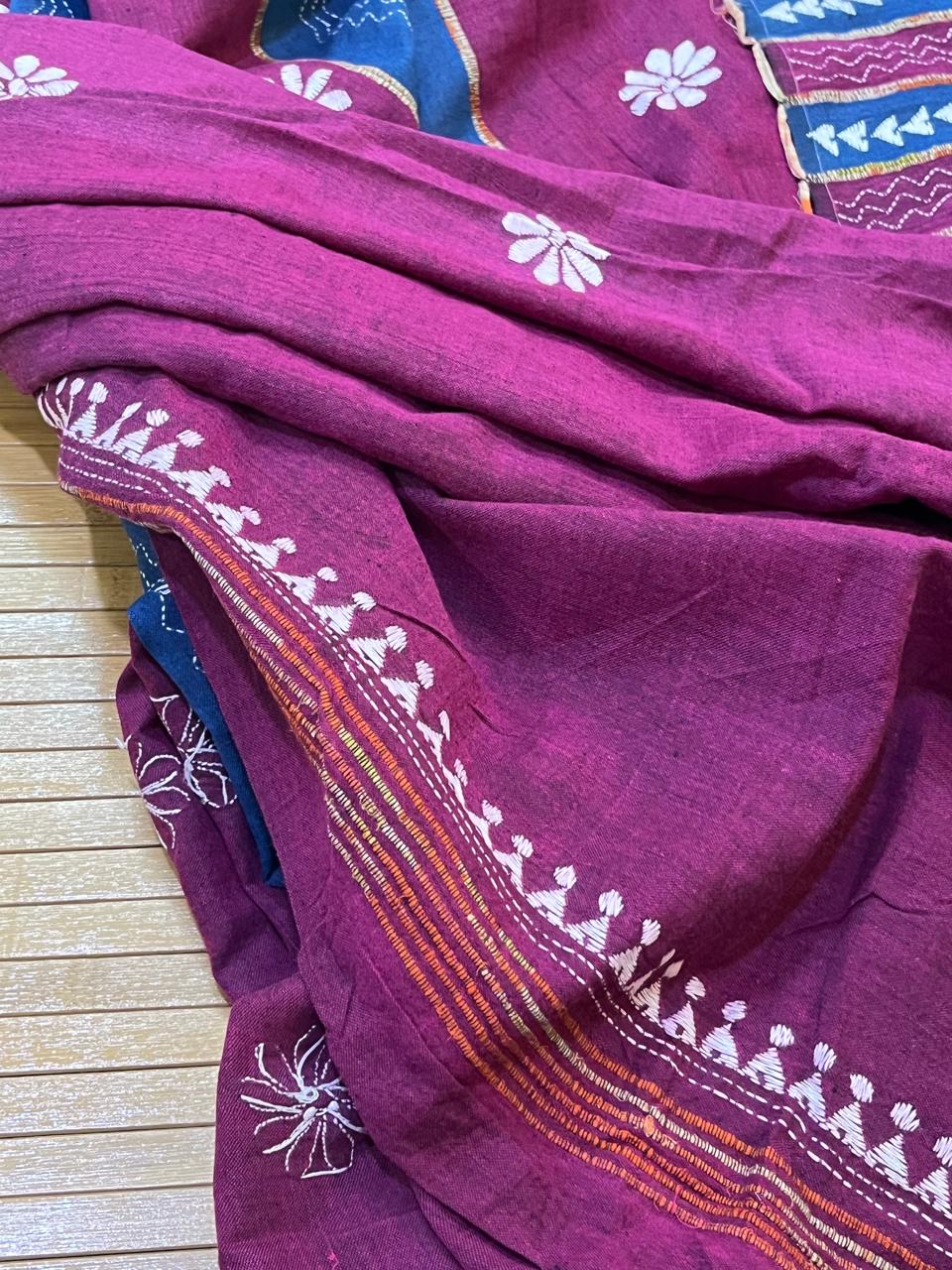 Pure Khesh Cotton Saree With Kantha Hand Embroidery - Purple