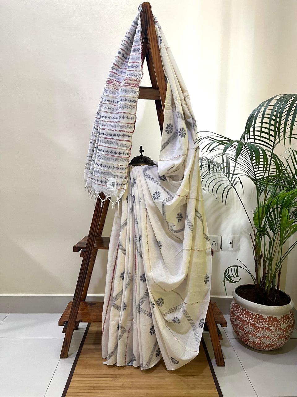 Pure Khesh Cotton Saree With Kantha Hand Embroidery - White