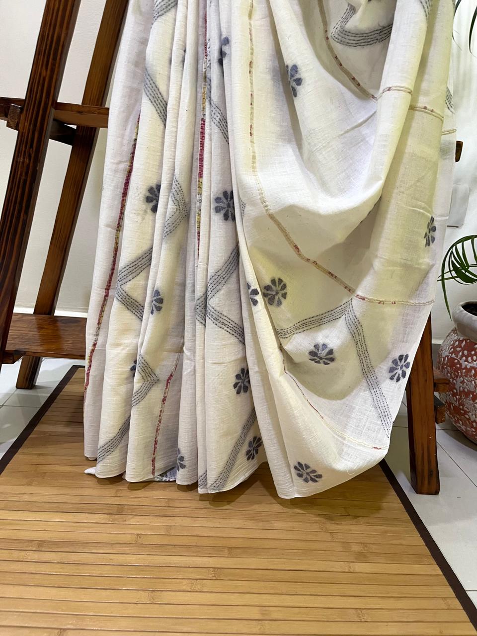Pure Khesh Cotton Saree With Kantha Hand Embroidery - White
