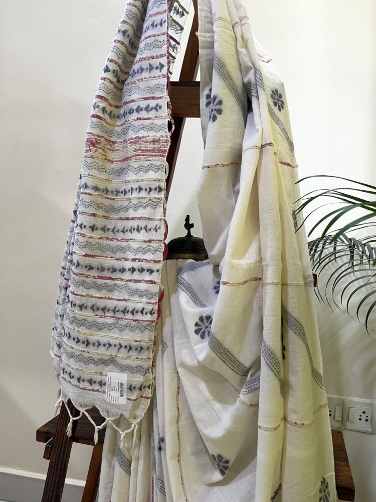 Image of Pure Khesh Cotton Saree With Kantha Hand Embroidery - White